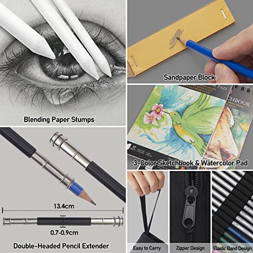 PANDAFLY 60 Pack Drawing Set Sketch Kit Sketching Supplies with 2 x 50 Page  3-Color Sketchbook Graphite Charcoal Pastel Pencils Pro Art Drawing Kit for  Adults Teens Beginners Kid