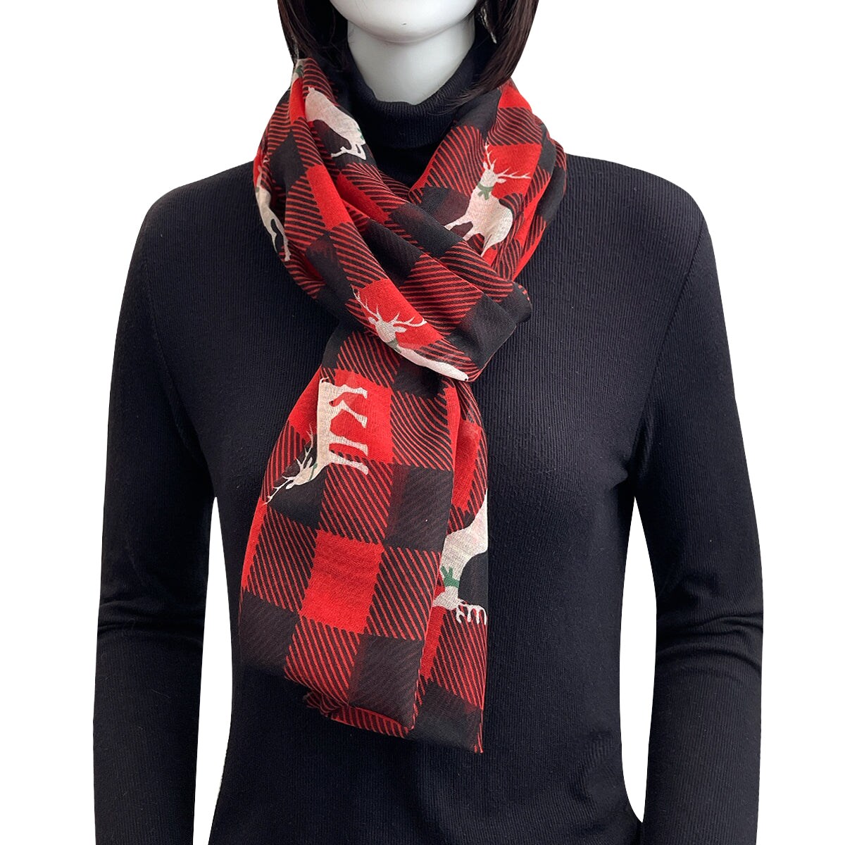 Wrapables Lightweight Winter Holiday Infinity Scarf, Reindeer Plaid Red