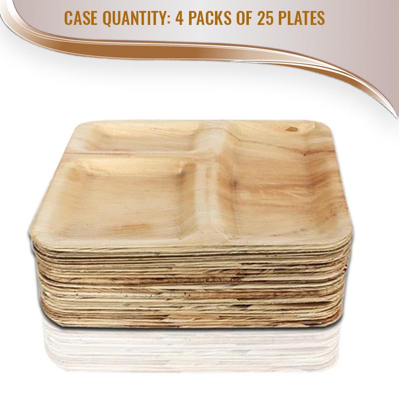 Square Palm Leaf 3-Partition Eco Friendly Disposable Dinner Plates - 10&#x22; (100 Plates)