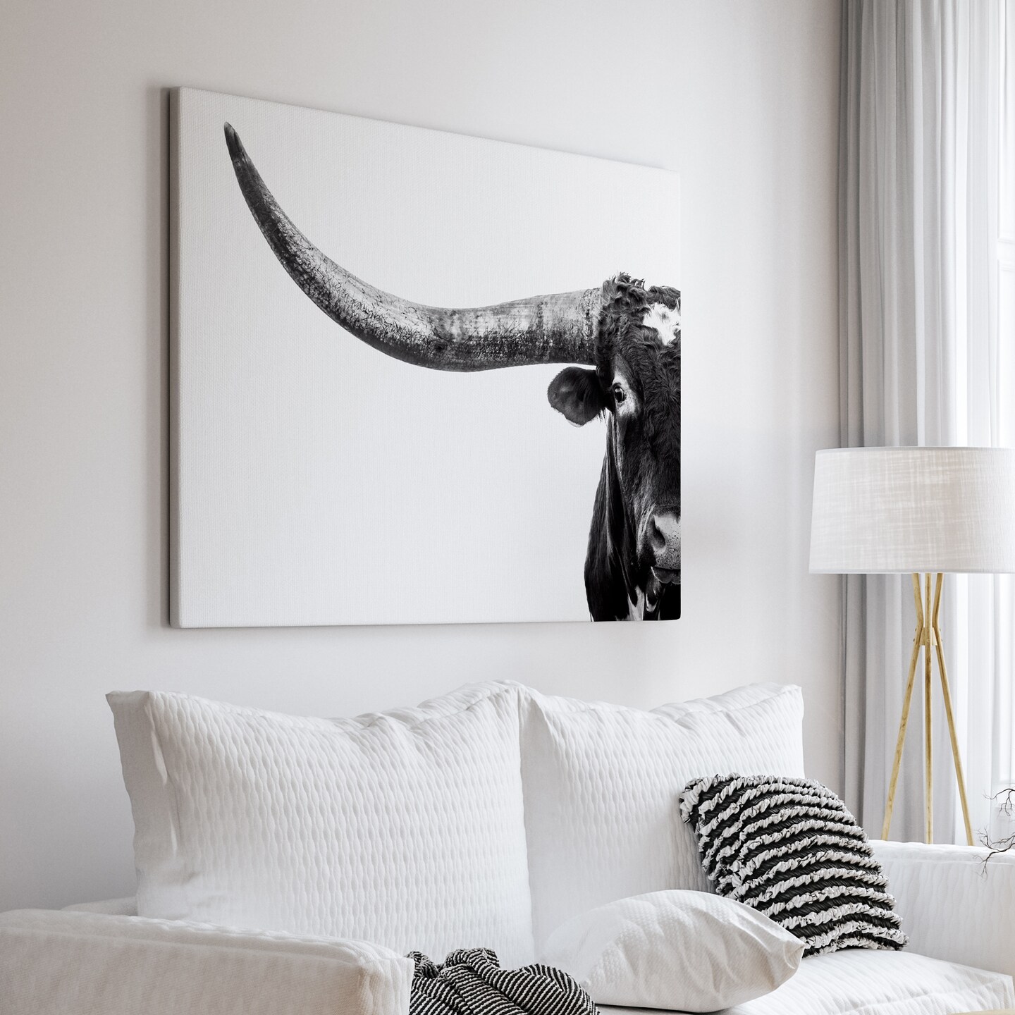 Longhorn wall art, Texas longhorn bull canvas, black and white wall ...