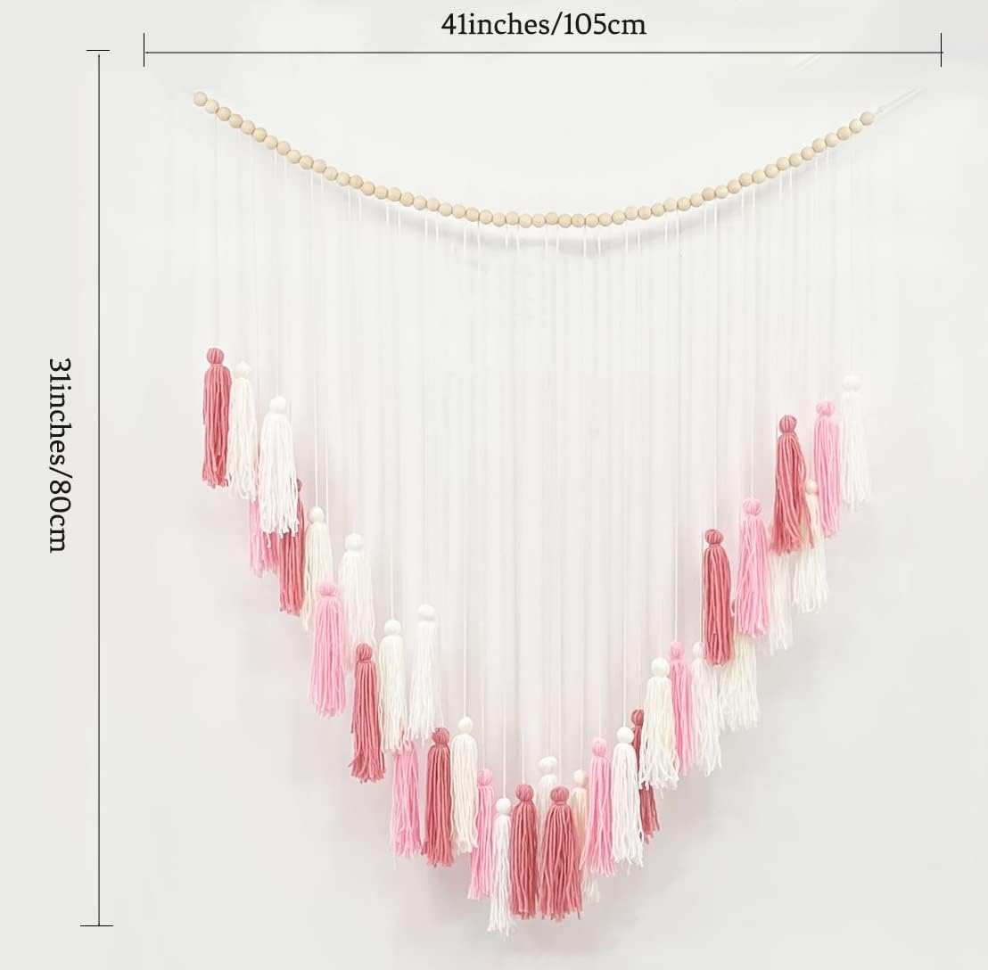 Blush Pink Macrame Wall Hanging Boho Decor Blush Pink Room Decor Tassel Garland Wall Decor with Wood Beads for Bedroom Living Room Nursery Decor