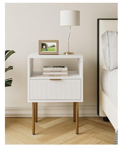 Bedside furniture, nightstands, dressers with drawers for bedrooms, small side tables with drawers, end tables with gold frames for bedrooms, living rooms, and white stripes