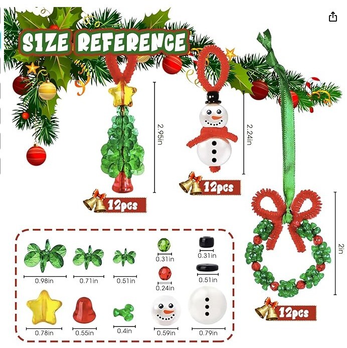 36 Pieces Christmas Crafts for Children, Beaded Ornament Kit to Make Wreath Snowman Christmas Tree Decorations Holiday Tree Party Supplies