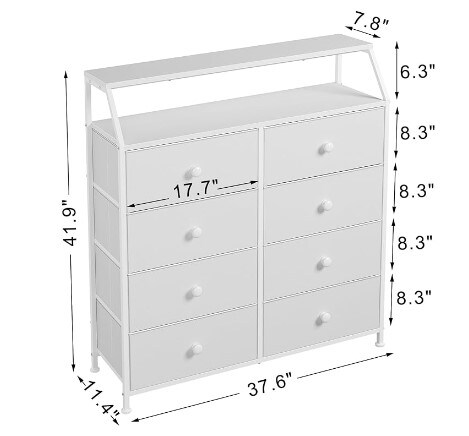 Bedroom Drawer Dresser with Shelves Large Capacity Organizer Tower for Closet with Faux Leather Chest of Drawers Tall Dressers for Living Room Hallway with Wood Top and Sturdy Steel Frame