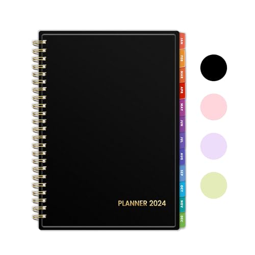 SUNEE 2024 Weekly and Monthly Planner - from January 2024 - December 2024, 6.4&#x22; x 8.3&#x22; Daily Agenda Planner with Monthly Tab, Flexible Cover, Note Pages, Pockets, Bookmark, Spiral Binding, Black