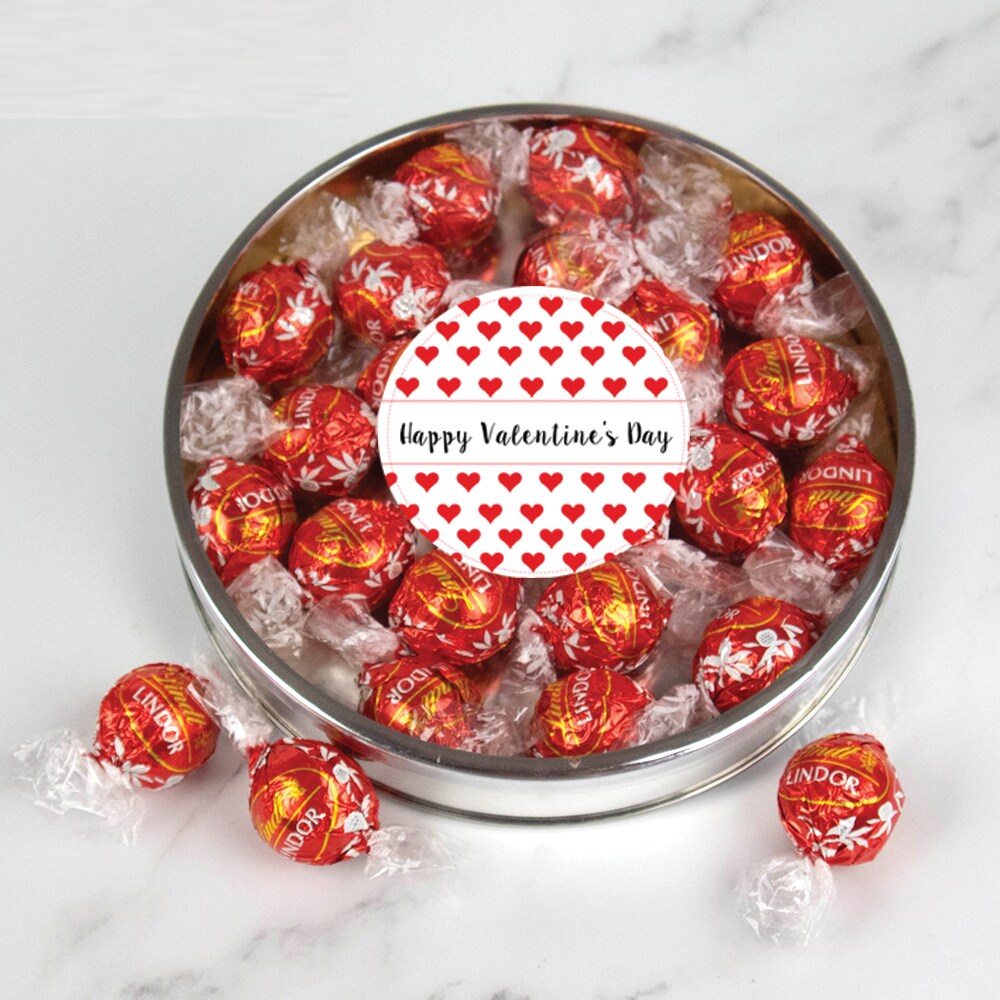 Valentine&#x27;s Day Candy Gift Tin with Chocolate Lindor Truffles by Lindt Large Plastic Tin with Sticker - Red Hearts