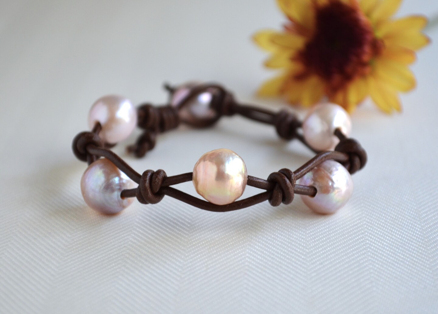 Edison Pearls on Leather Bracelet Large Pearls Bracelet Salt Water