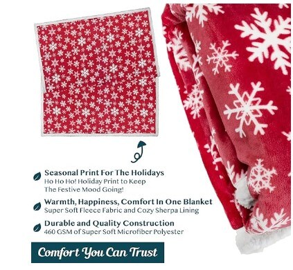Red Snowflake Decoration, Fleece, Plush, Warm, Cosy Reversible Microfiber Holiday Blanket 50 x 60