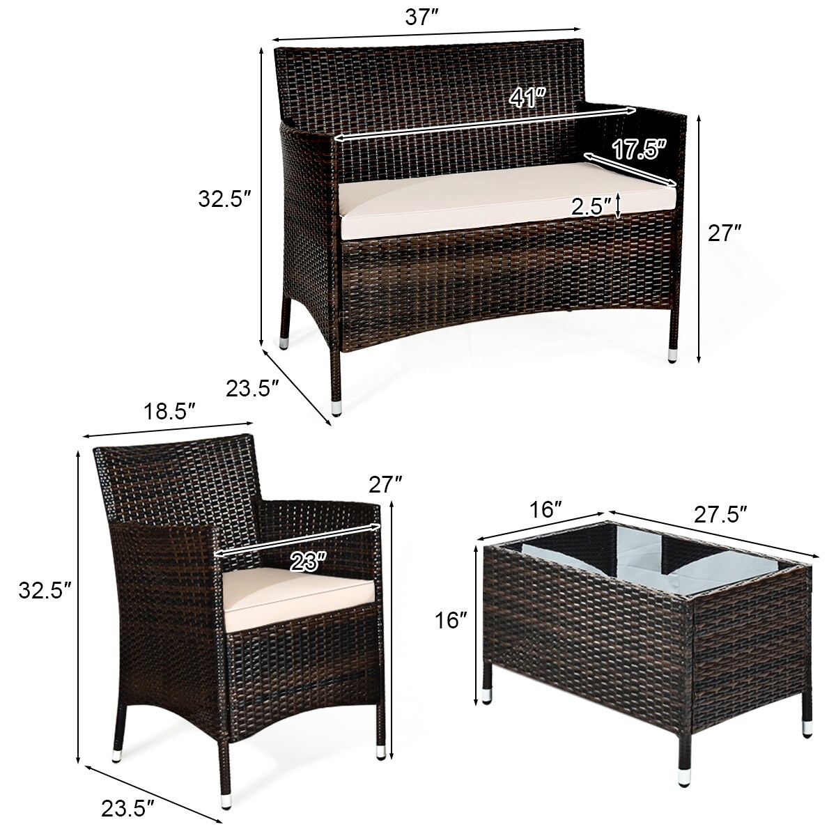 Costway 4PCS Rattan Patio Furniture Set Cushioned Sofa Chair Coffee Table Garden