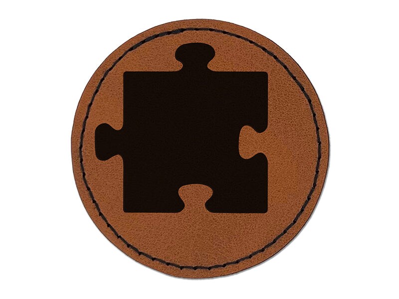 Puzzle Piece Solid Round Iron-On Engraved Faux Leather Patch Applique - 2.5&#x22;