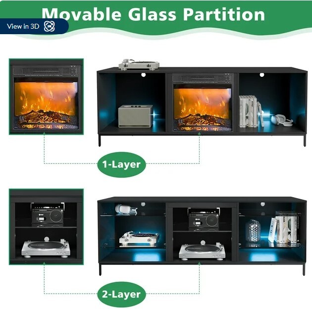 LED TV Stand for a 70-inch TV Media Console Cabinet with Open Glass Storage Shelves for Gaming Living Roomer Modern Entertainment Centre with LED Lights