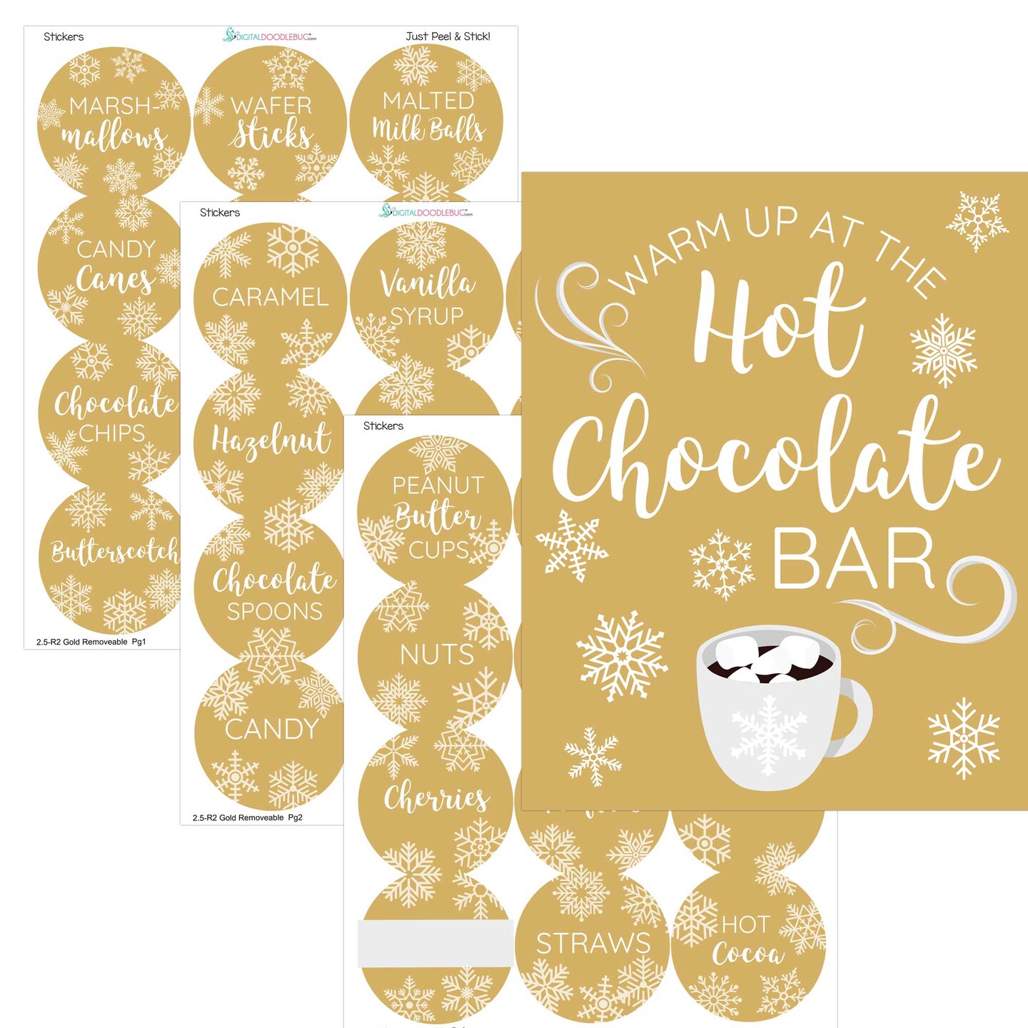 Hot chocolate bar kit DIY 36 labels 2.5 inch With 8x10 paper sign black white snowflake round labels for winter party decor | MakerPlace by Michaels for Free Printable Hot Chocolate Bar Labels