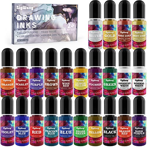 Alcohol Ink Set - 24 Bottles Vibrant Colors High Concentrated Alcohol-Based Ink, Concentrated Epoxy Resin Paint Colour Dye Great for Resin Petri Dish, Coaster, Painting, Tumbler Cup Making(10ml Each)