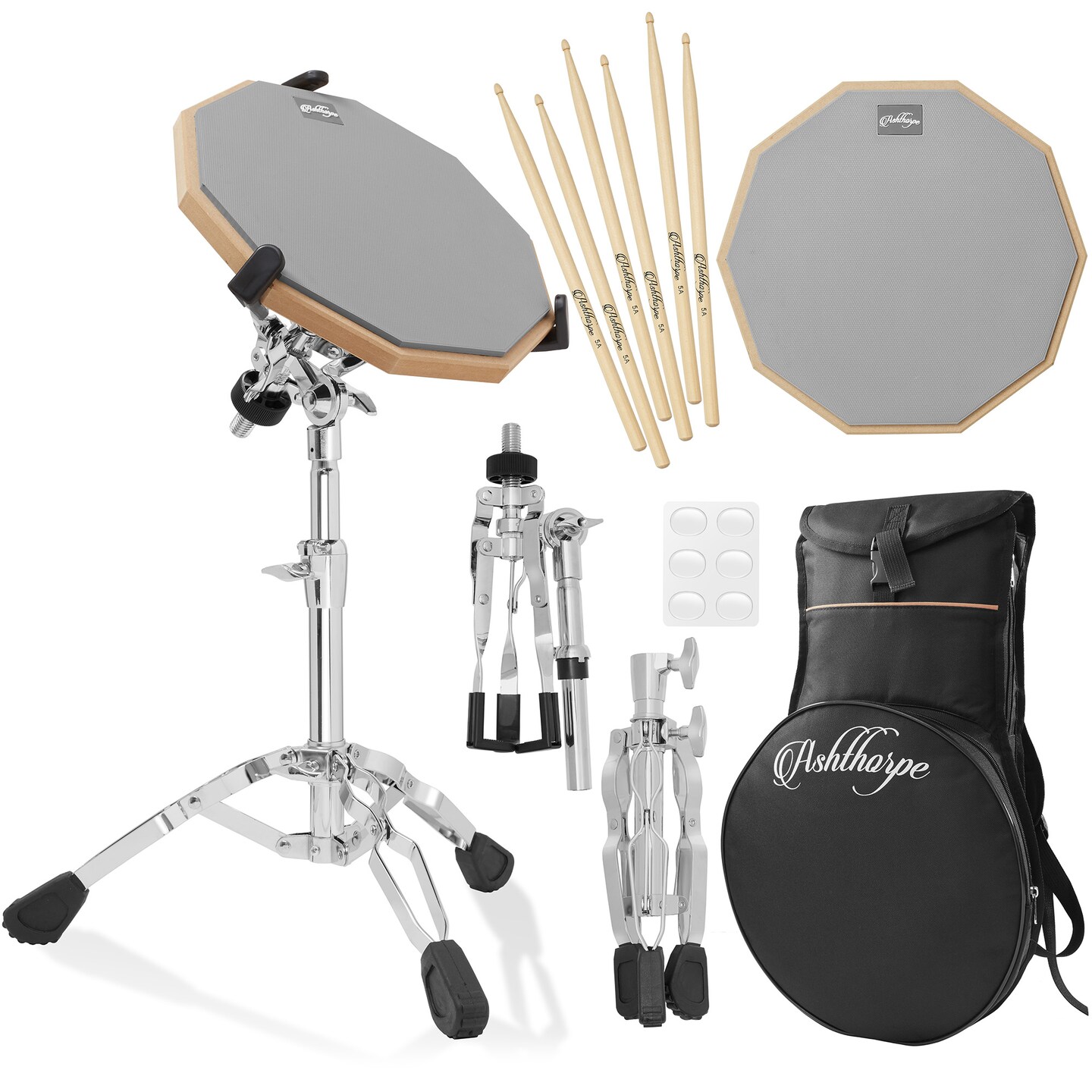 Ashthorpe Drum Practice Pad Set with Snare Stand - 12-Inch Double-Sided Silent Drum Pad Kit Includes Backpack Carrying Bag and Drumsticks