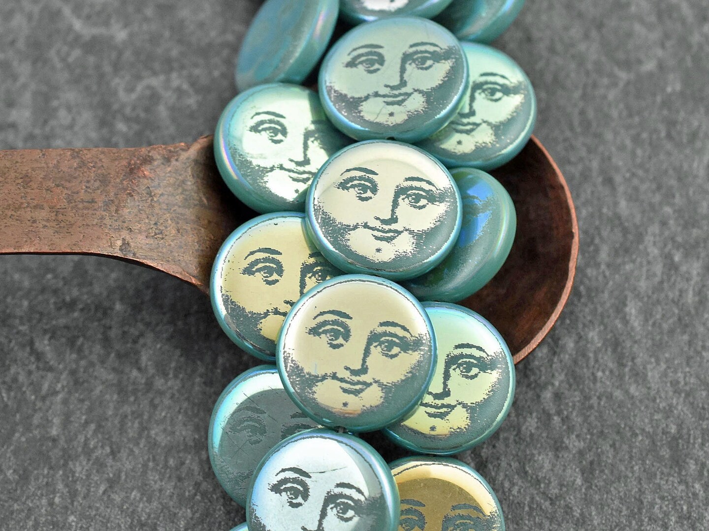 Opaque Turquoise AB Laser Tattoo Moon Face Coin Beads