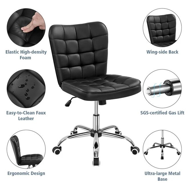 Black Modern Rolling Faux Leather Armless Desk Chair with Metal Base for Home Office