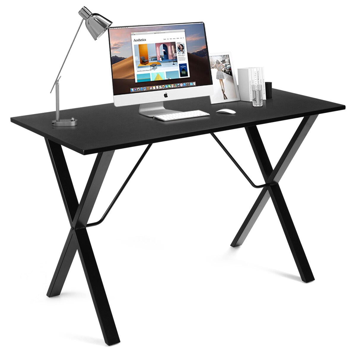 Costway Computer Desk Study Workstation Office Writing Desk w/ Bamboo Top & Metal Frame