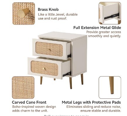 Boho Mid-Century Coastal Storage Cabinet, Wicker Rattan Nightstand, 2-Drawer End Table White Finish Side Table for Small Spaces, Modern Farmhouse Wooden Bedside Table,