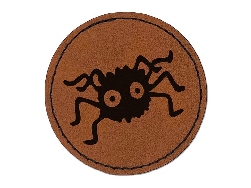 Fuzzy Cartoon Bug Spider Round Iron-On Engraved Faux Leather Patch Applique - 2.5&#x22;