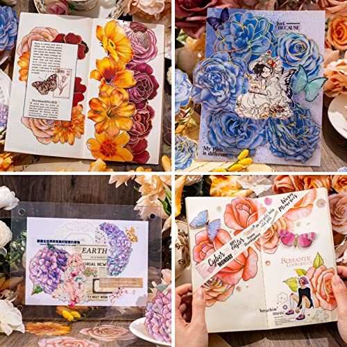 80 Pieces Large Size Flower Stickers with Gold Holographic Outlines, Glitter Shiny Floral Waterproof Decorative Decals for Scrapbooking Supplies Junk Journal Bullet Journals Planners