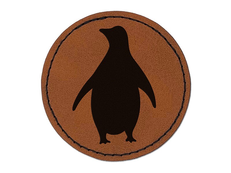 Chill Penguin Silhouette Round Iron-On Engraved Faux Leather Patch Applique - 2.5&#x22;