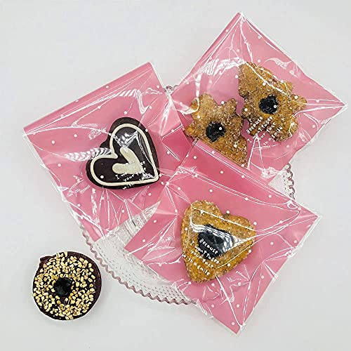 100 Pieces Lovely Small Self Adhesive Treat Bag Cellophane Bag Cookie Bag, Homemade, Party, Wedding Favor Bag, for Bakery, Biscuit, Candy - Pink (3.94" x 3.94")