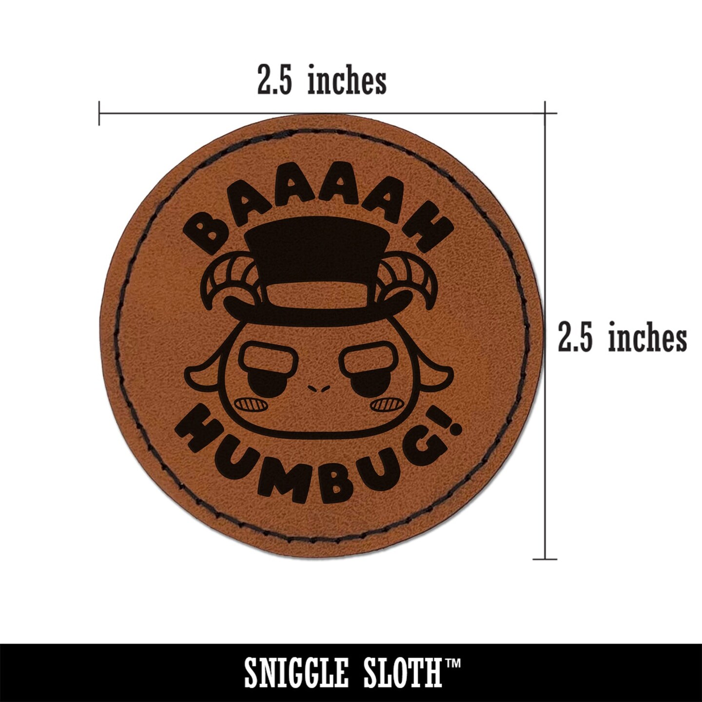 Bah Humbug Funny Christmas Pun Goat Round Iron-On Engraved Faux Leather Patch Applique - 2.5&#x22;