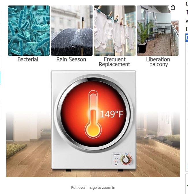 Compact Laundry Dryer, 110V Electric Portable Clothes Dryer with Stainless Steel Tub, Downside Control Panel for 4 Automatic Drying Mode, White