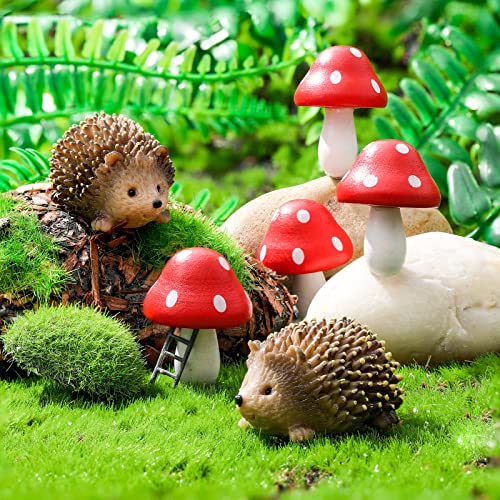 Queekay Fairy Outdoor Garden Animals Figurines Outdoor Fairy Wild Garden Accessories Resin Hedgehogs and Wood Mushroom Miniature Garden for Plant Pots Bonsai Craft Decor Fairy Wild Garden Supplies