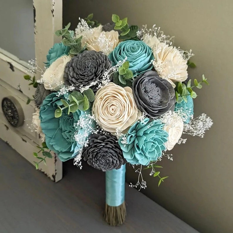 Aqua, Charcoal, and Ivory Sola Wood Flower Bouquet with Baby's Breath