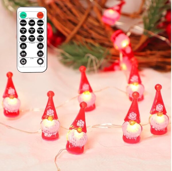 Cafemoon Christmas Gnome String Lights, 10ft 30 LED Red Gnome String Lights with Remote Timer, USB & Battery Powered Winter Twinkle Lights Garland for Christmas Home Bedroom Party Decoration