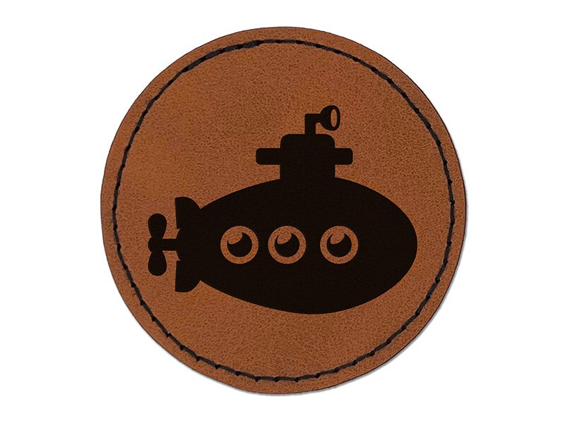 Submarine Boat Aquatic Underwater Vehicle Periscope Propeller Round Iron-On Engraved Faux Leather Patch Applique - 2.5&#x22;