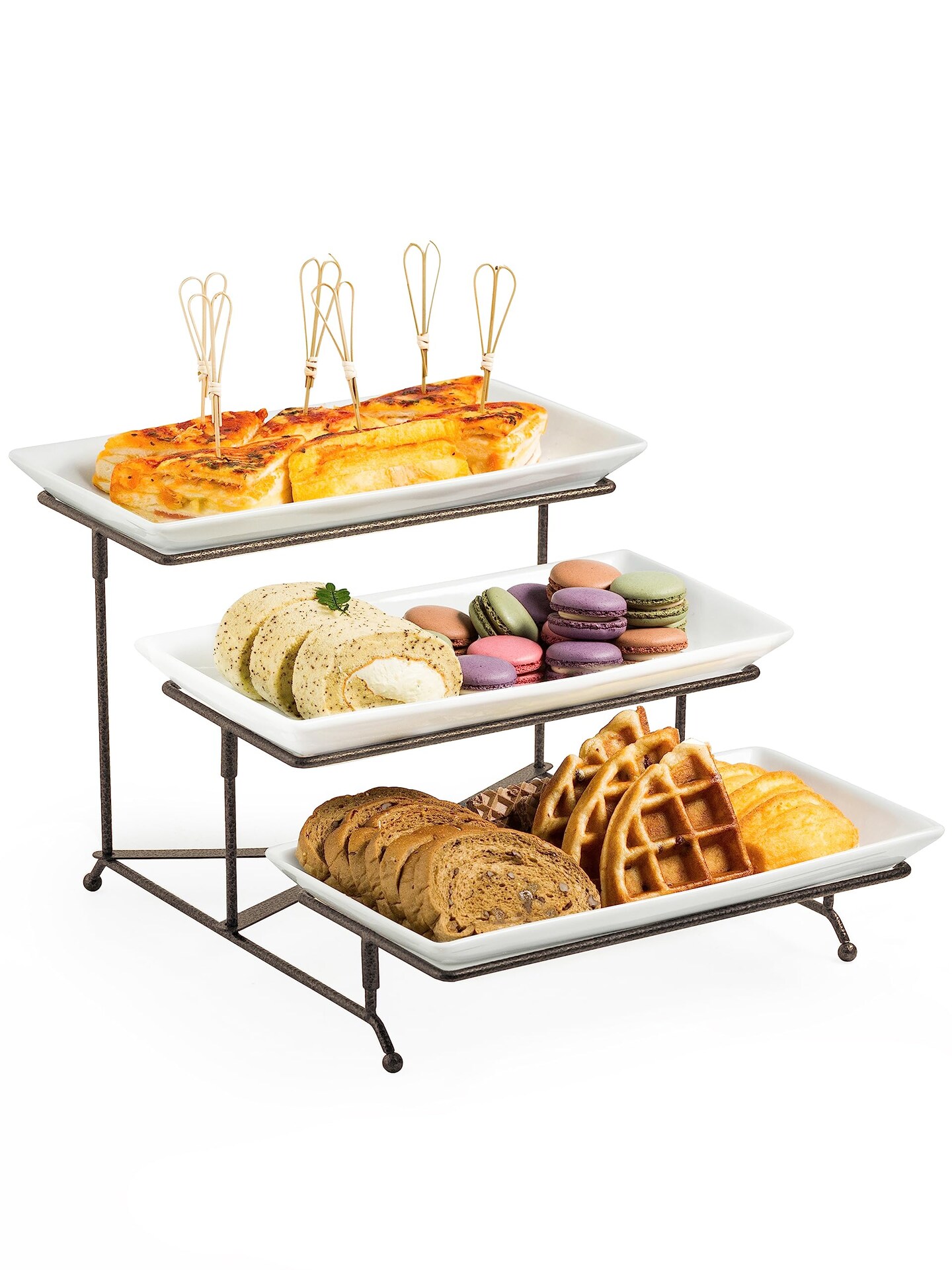 3 Tier Serving Stand Collapsible Sturdier Rack with 3 Porcelain Serving Platters Tier Serving Trays for Fruit Dessert Presentation Thanksgiving Christmas Party Display Set, 12 Inch, Bronze