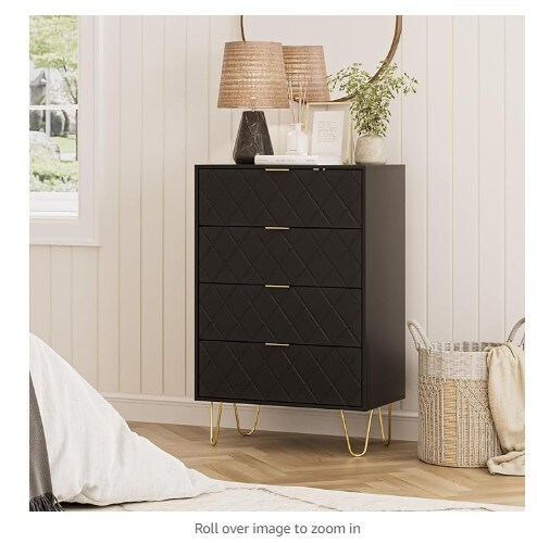 Black diamond drawer dresser for bedroom, living room, closet, and hallway; tall storage dresser chest cabinet organizer unit with metal legs