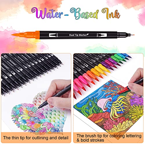 Dual Tip Brush Markers Art Pen Set, Artist Fine and Brush Tip Colored Pens,  for Kids Adult Coloring Books Christmas Cards Drawing, Note taking  Lettering Calligraphy Bullet Journaling 