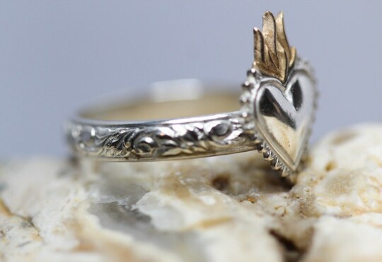 Sacred Heart Ring Solid Sterling Silver Floral Band Flaming