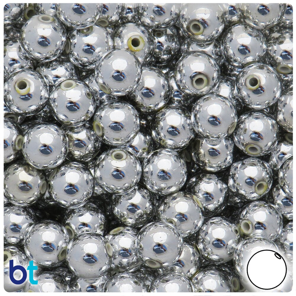 BeadTin Silver Metallic 12mm Round Plastic Craft Beads (75pcs)