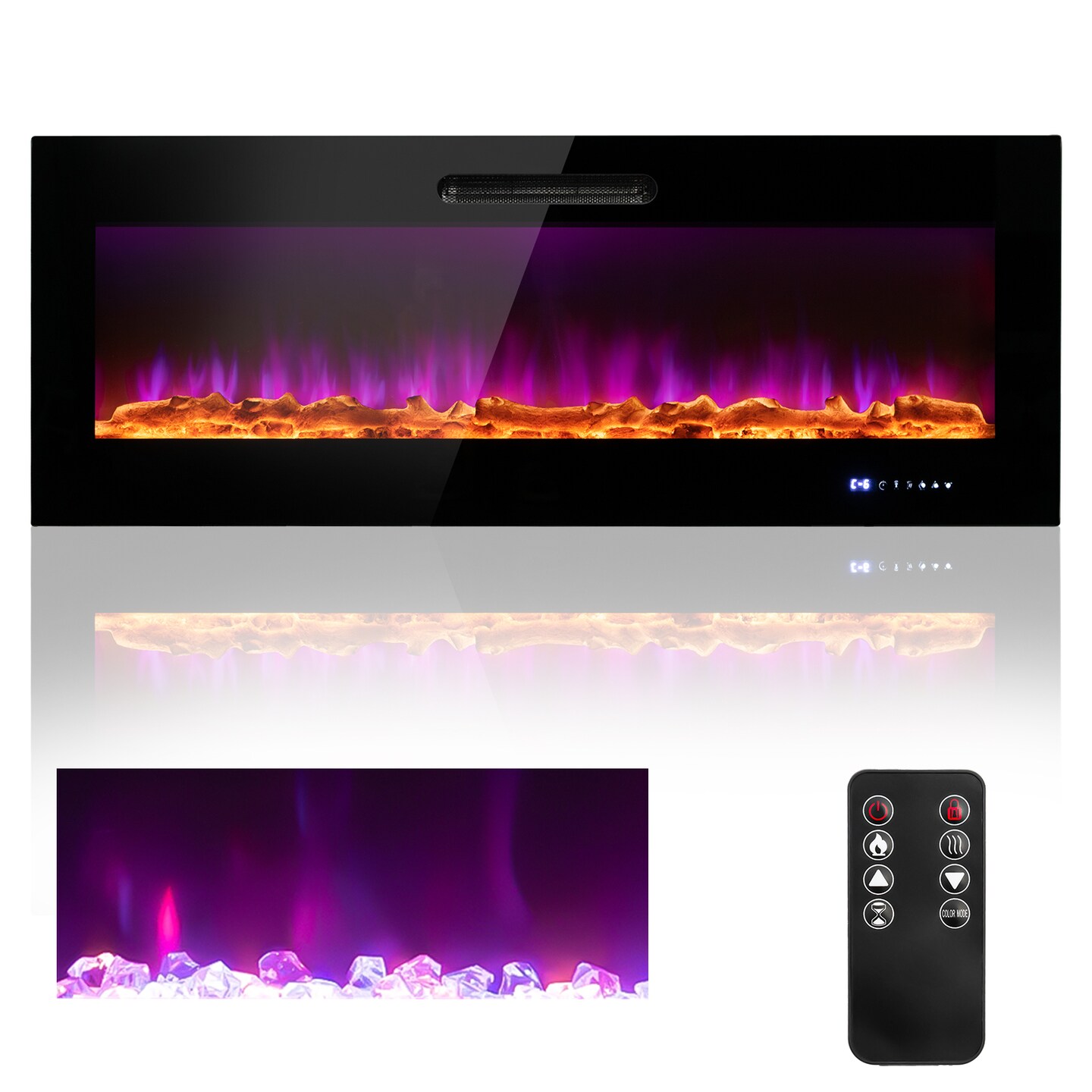 Wall Mounted Recessed Electric Fireplace with Decorative Crystal and Log