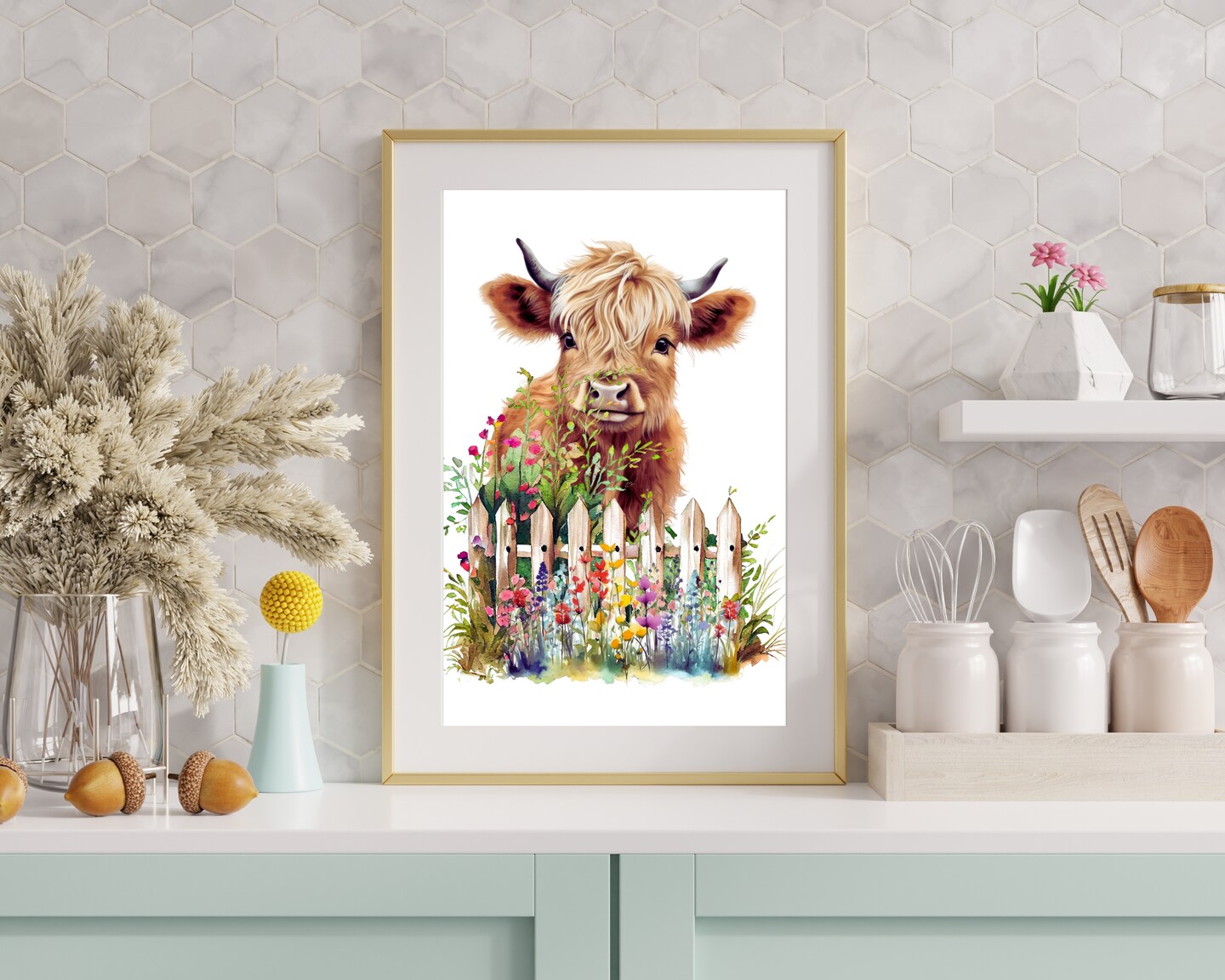 Highland Cow Wall Art, Cow in Garden Print, Cattle Wall Decor, Cottage ...