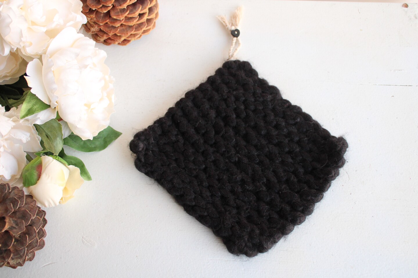 Extra Chunky Knit Hot Pad in Black, Pot Holder Handknit with Button, OAK  One Of A Kind