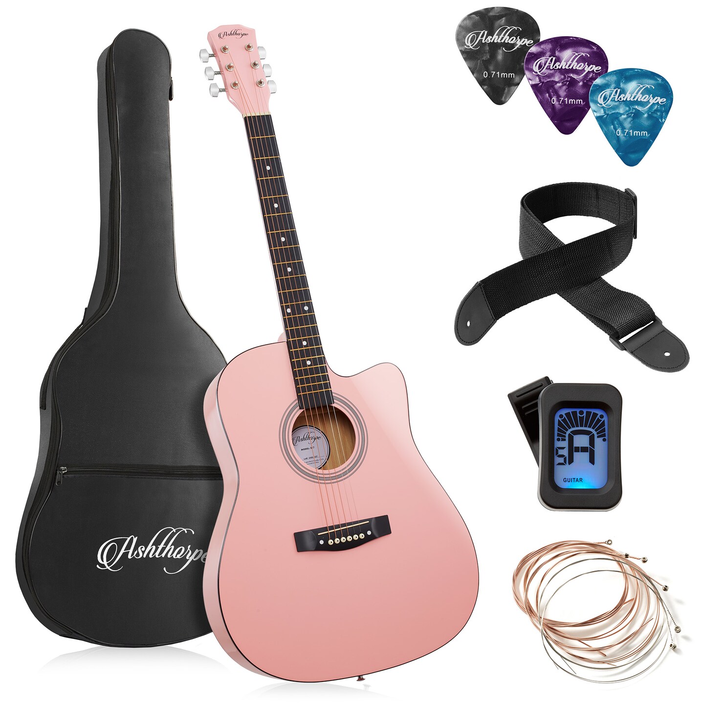 Ashthorpe 41-inch Beginner Cutaway Acoustic Guitar Package, Full Size Basic Starter Kit w/ Gig Bag, Strings, Strap, Tuner, Picks