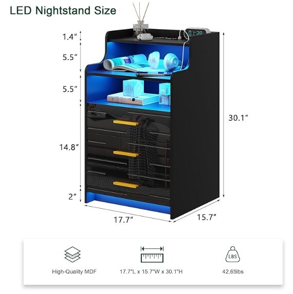 LED Nightstand with Charging Station, Black Nightstand with 3 Drawers, Wireless Charging/USB Ports on Smart Nightstand, Modern Bedside Table with Sensor Light for Bedroom Furniture (Black)