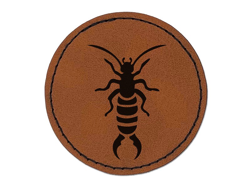 Earwig Insect Bug with Pincer Tail Round Iron-On Engraved Faux Leather Patch Applique - 2.5&#x22;