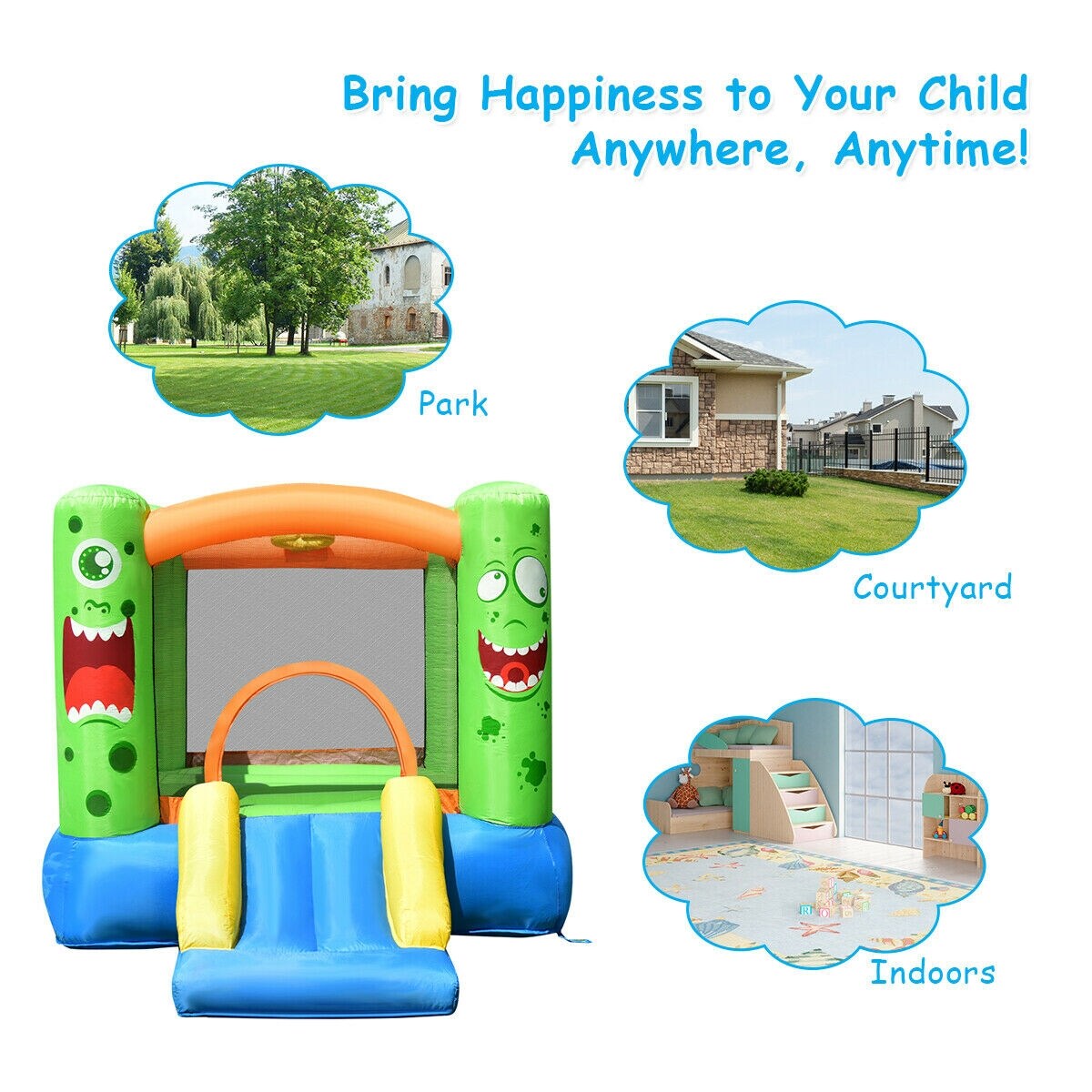 Kids Inflatable Castle Water Slide Outdoor Playhouse with Basketball Hoop