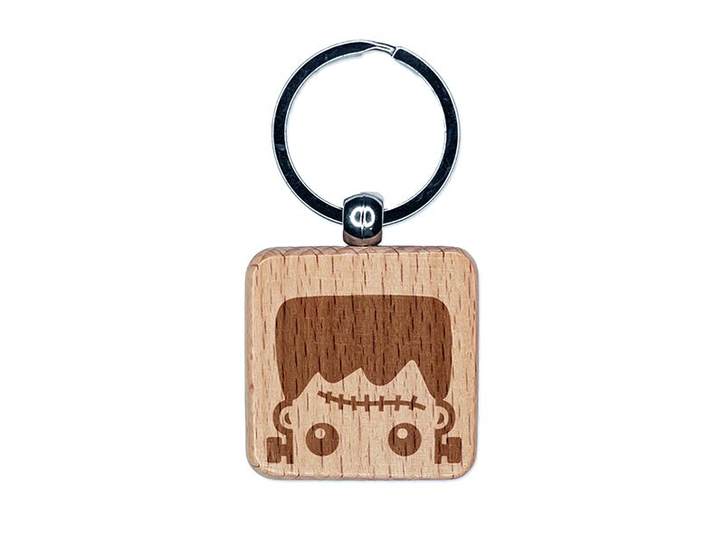 Peeking Frankenstein Halloween Engraved Wood Square Keychain Tag Charm