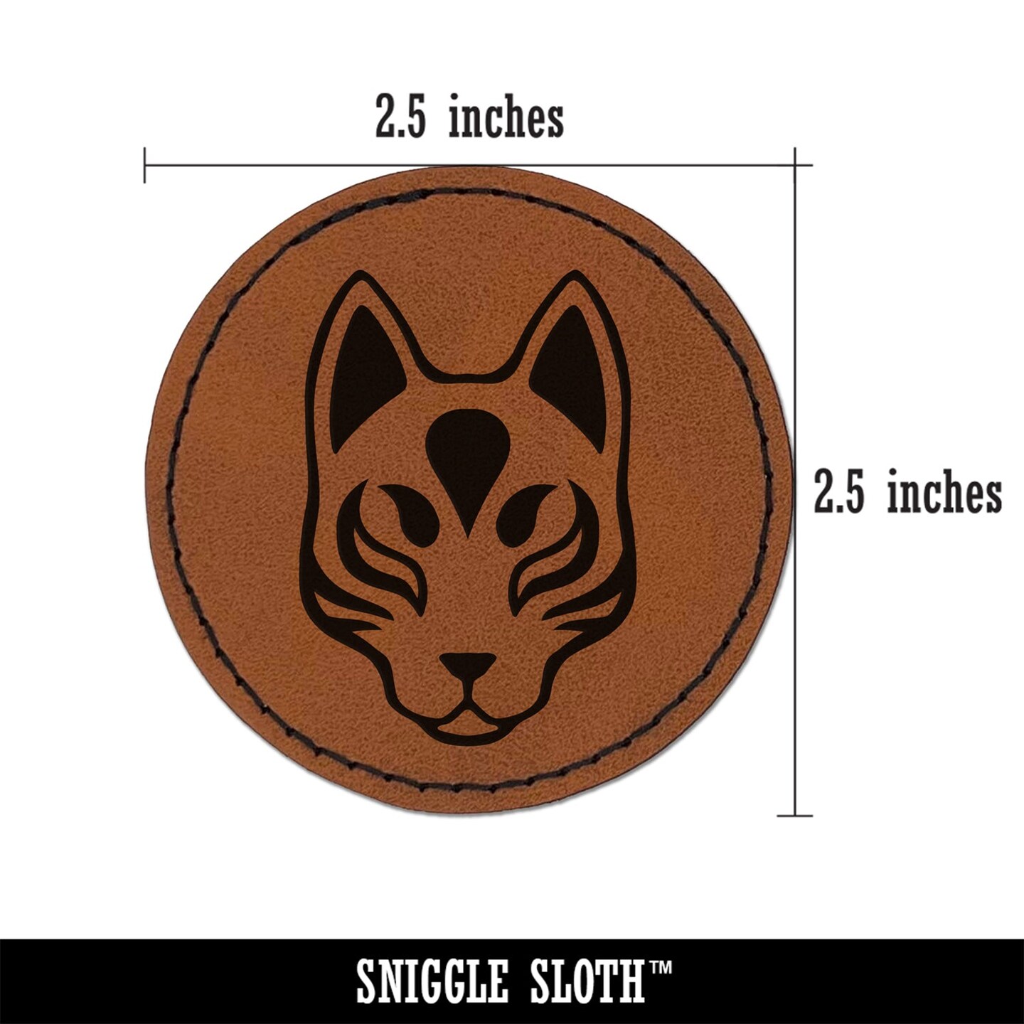 Kitsune Japanese Fox Mask Round Iron-On Engraved Faux Leather Patch Applique - 2.5&#x22;