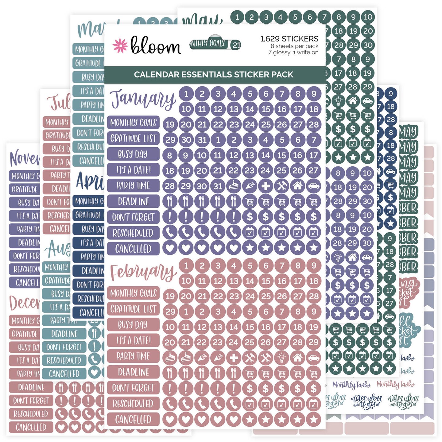 bloom daily planners Sticker Sheets, Calendar Essentials, 1,629 stickers