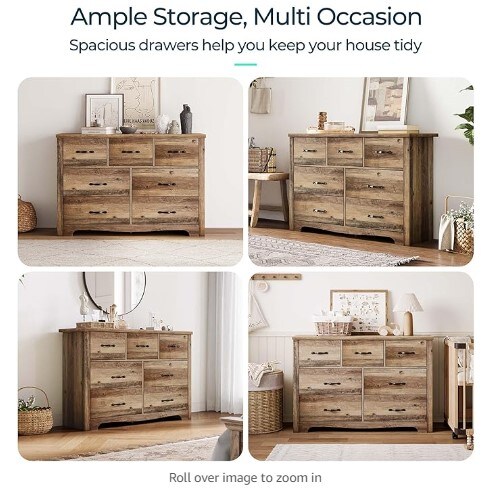 Double dresser with seven drawers, ideal for a bedroom; wide drawers, mid-century modern dresser chest; wood storage chest of drawers for living room