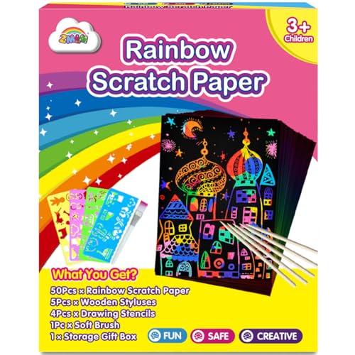 ZMLM Scratch Paper Art Set, 60 Pcs Rainbow Magic Scratch Paper for Kids  Black Scratch Off Art Crafts Kits Notes with 5 Wooden Stylus for Girls Boys  Toy Halloween Party Game Christmas