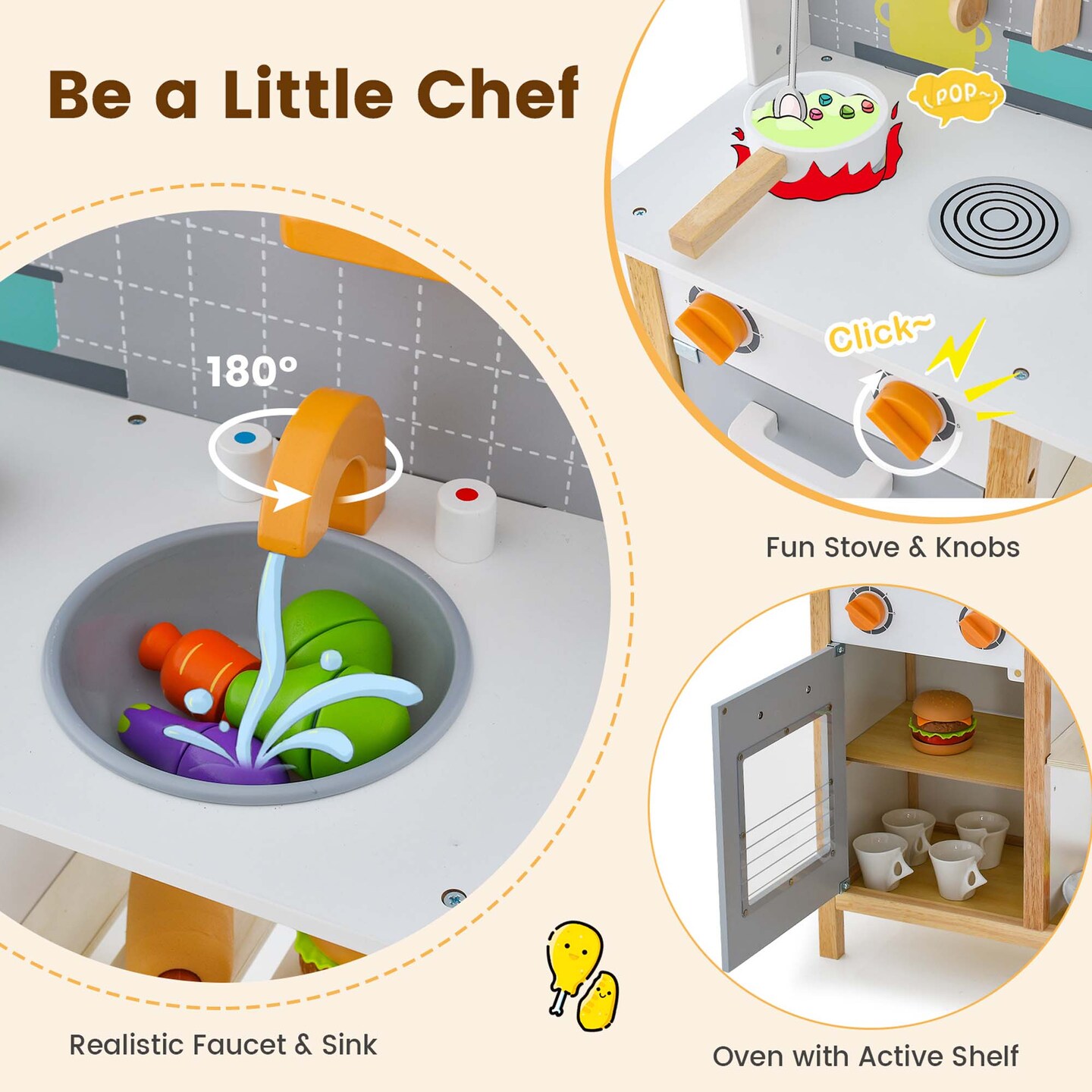Costway Wooden Kid's Play Kitchen Set Pretend Chef Cooking Toy with Cookware Accessories